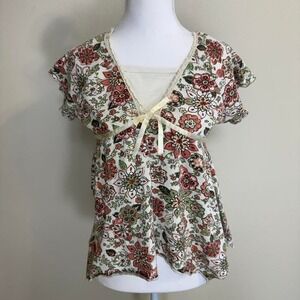 VTG Y2k Floral Babydoll Cream Top Women's Sz M